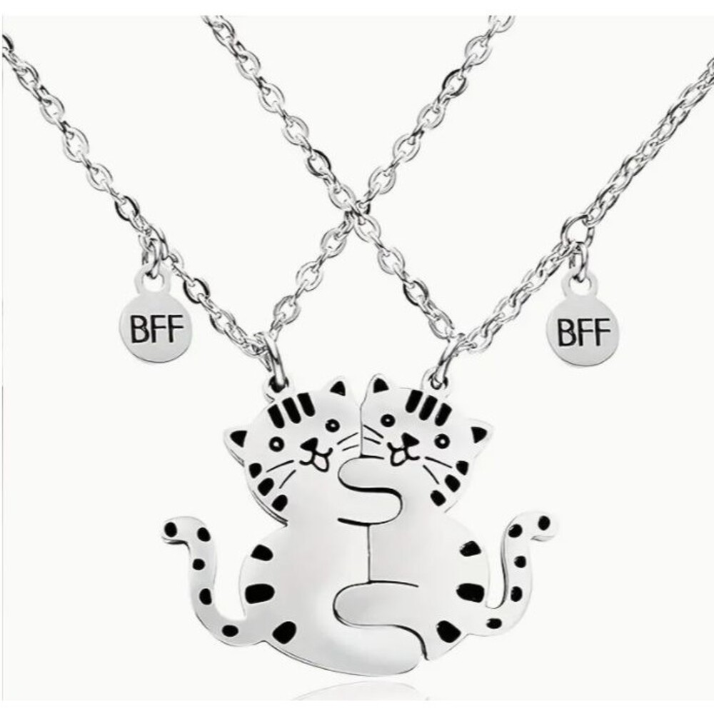 2 Pc Stainless steel BFF Hugging Cats Necklaces Cat Best Friends
